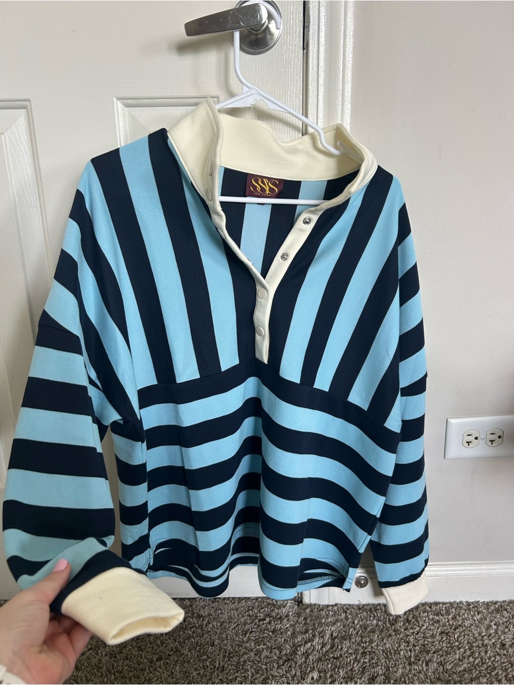 Vintage Striped Pullover Sweater in Light Blue and Navy with Cream Trim